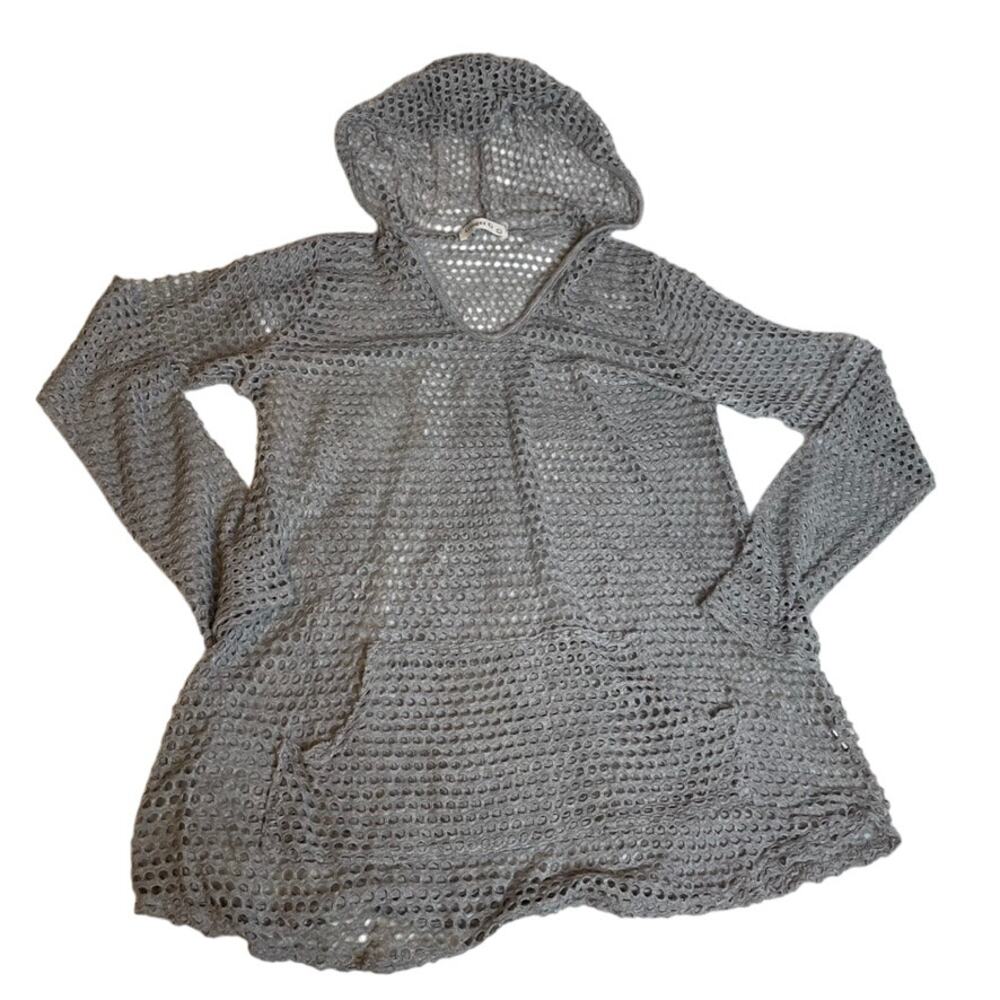 Ginger G Grey Open Knit Mesh Hoodie Womens Large Long Sleeve‎ Fishnet Pullover